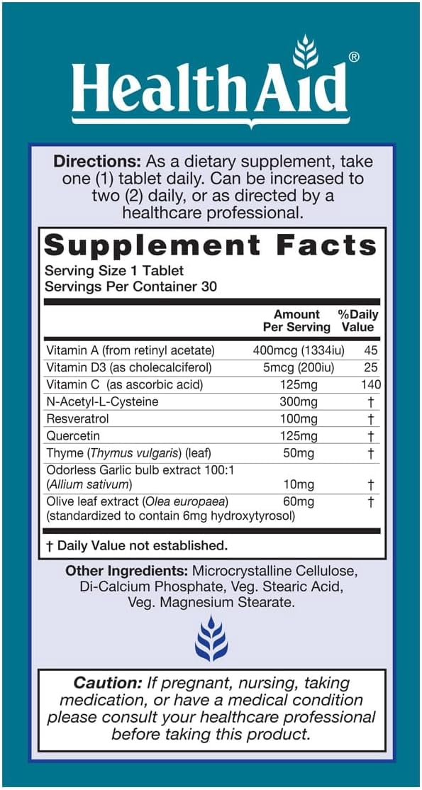 HealthAid LungForte, with NAC, Resveratrol, Thyme & Olive Leaf, Respiratory Support*, 30 Vegetarian Tablets