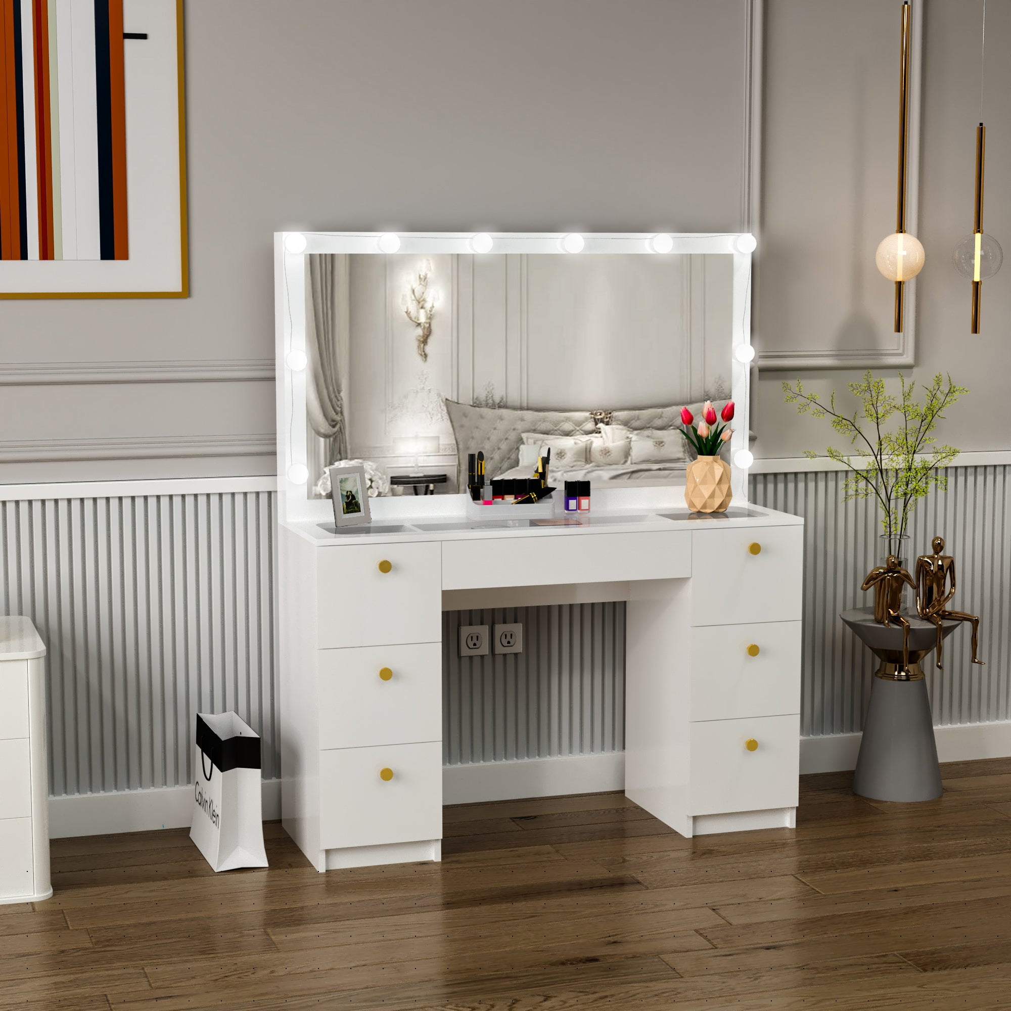 Ibbie Modern Vanity Table, 7 Drawers Lights Mirror Glass Top Golden Knobs White Painted for