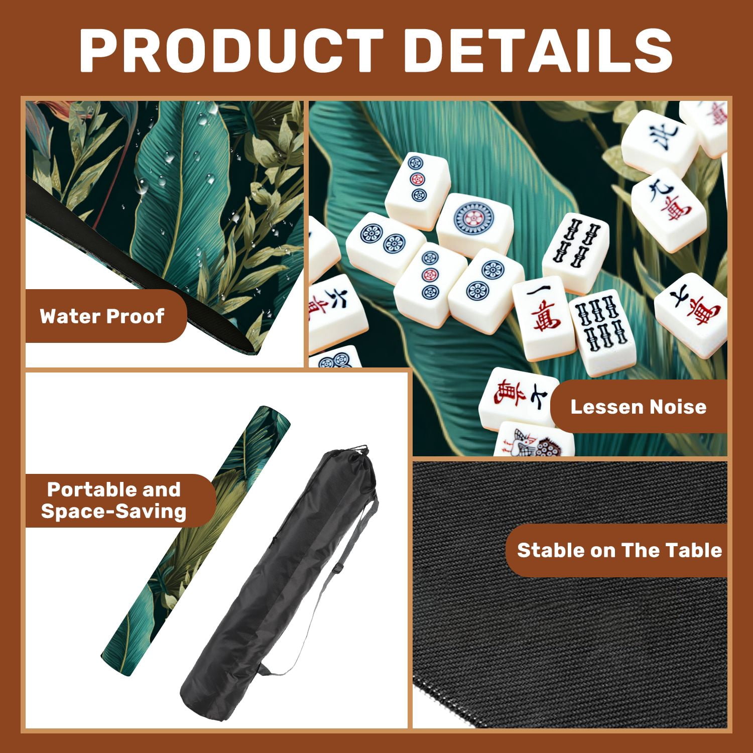 Mahjong Mat 31.5" x 31.5" palm frond Tropical leaves seamless Banana leaf Non-Slip Noise Reduction American Mahjong Tiles Table Cover for Dominoes Poker Card Board Games Gift