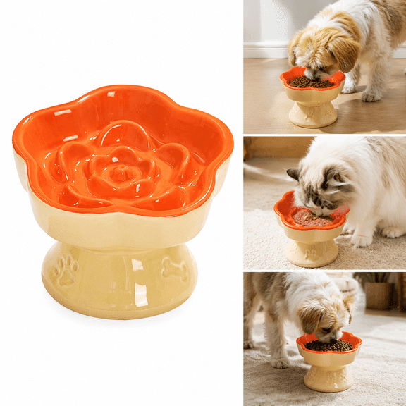 Pet Slow Feeder Bowl, Elevated and Tilted Ceramic Slow Feeder Bowl for Cats and Small Dogs, Raised Pet Bowl for Dry and Wet Food, Prevents Vomiting and Choking Orange