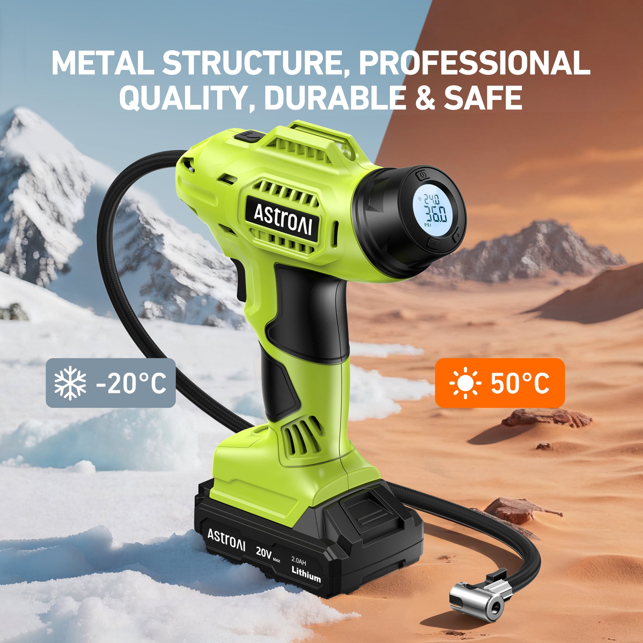 AstroAI Cordless Tire Inflator Portable Air Compressor Electric Pump, 160PSI Handheld Air Pump with 20V Rechargeable Battery Auto Shutoff, Digital Pressure Gauge for Cars Tires, for Gift, Green