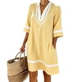 thumbnail image 2 of Guieoi Beach Vacation-Style Summer Dresses for Women Plus Size Striped V-Neck Loose-Fit Beach Dress with Pockets Yellow M, 2 of 6