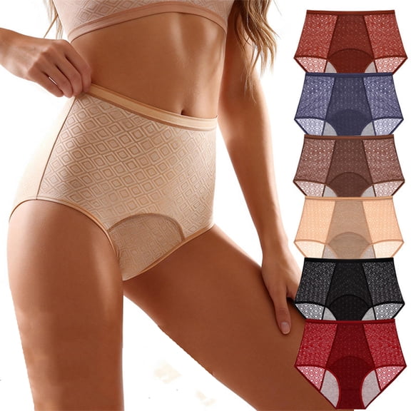 Tummy Control High Waist Period Panties for Women, Geometric Textured Menstrual Underwear with Extended Leak-Proof Gusset, Breathable Hygiene Briefs for Heavy Flow Beige L