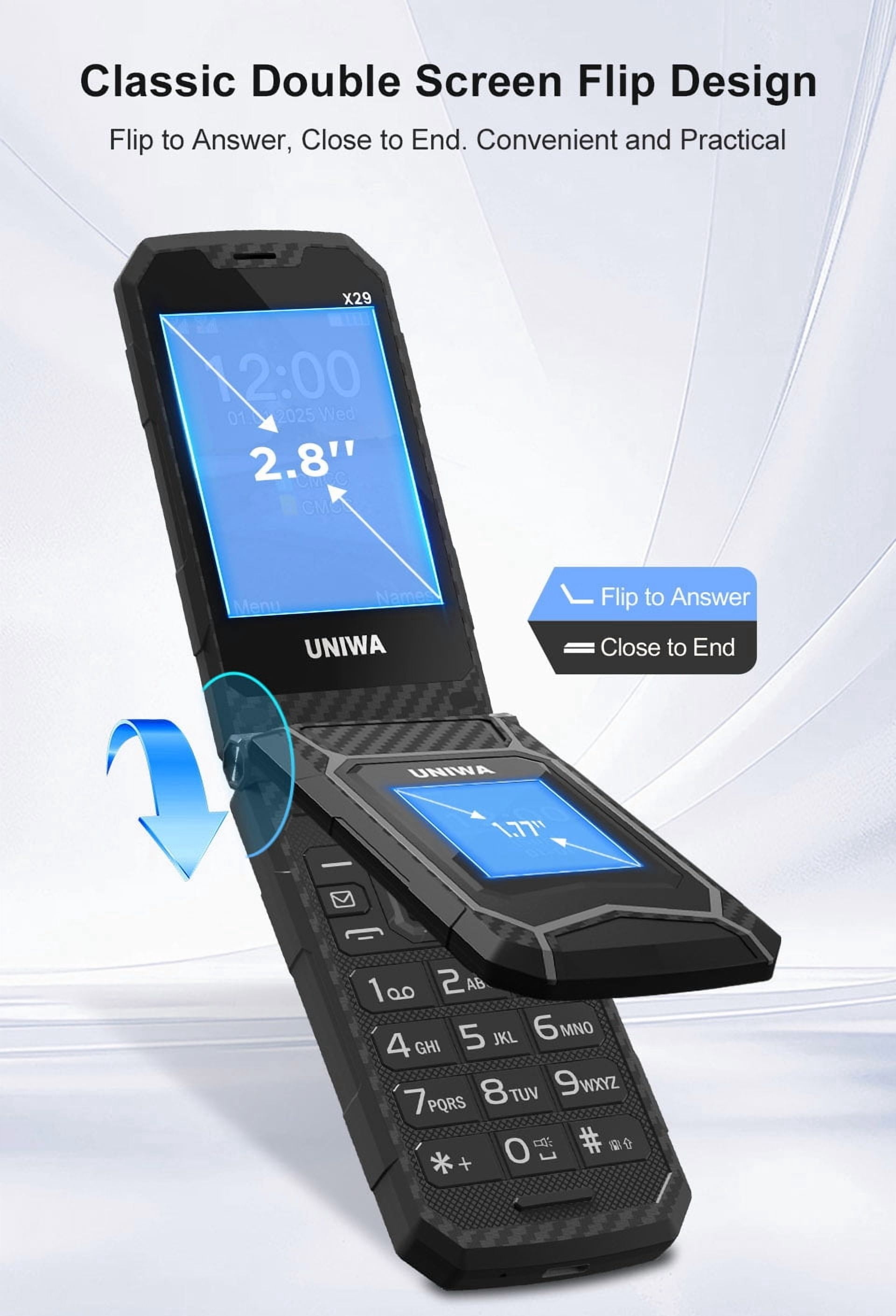 UNIWA X29 Rugged Flip GSM Cellphone 2.8" +1.77" Dual Screen Mobile Phone Big Push-Button Telephone for Elderly (Green)
