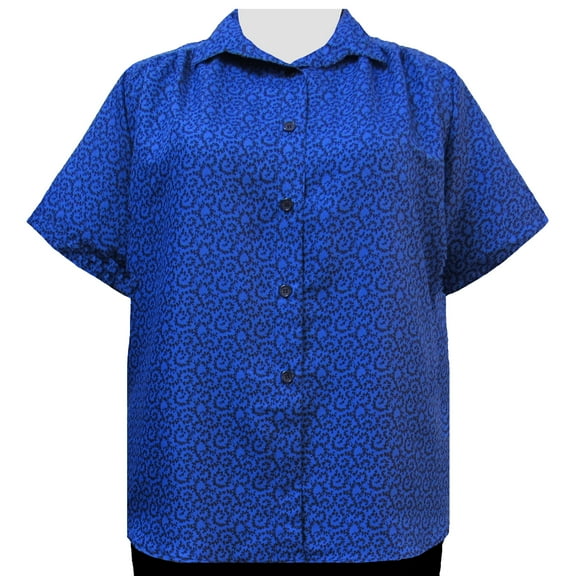 A Personal Touch Women's Plus Size Short Sleeve Button-Up Print Blouse with Shirring - Royal Wreath - 6X