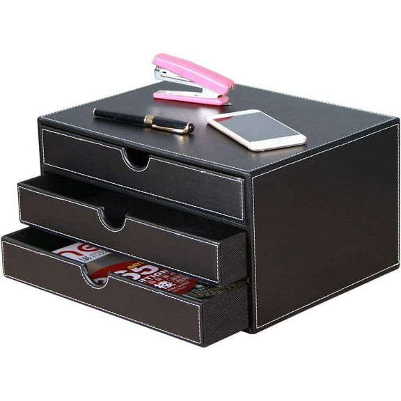 High-end PU Leather Desk Organizer File Cabinet Executive Office Supplies Desktop Filing A4 File Cabinet Stackable Storage Organizer Box with 3 Drawers (Black)…