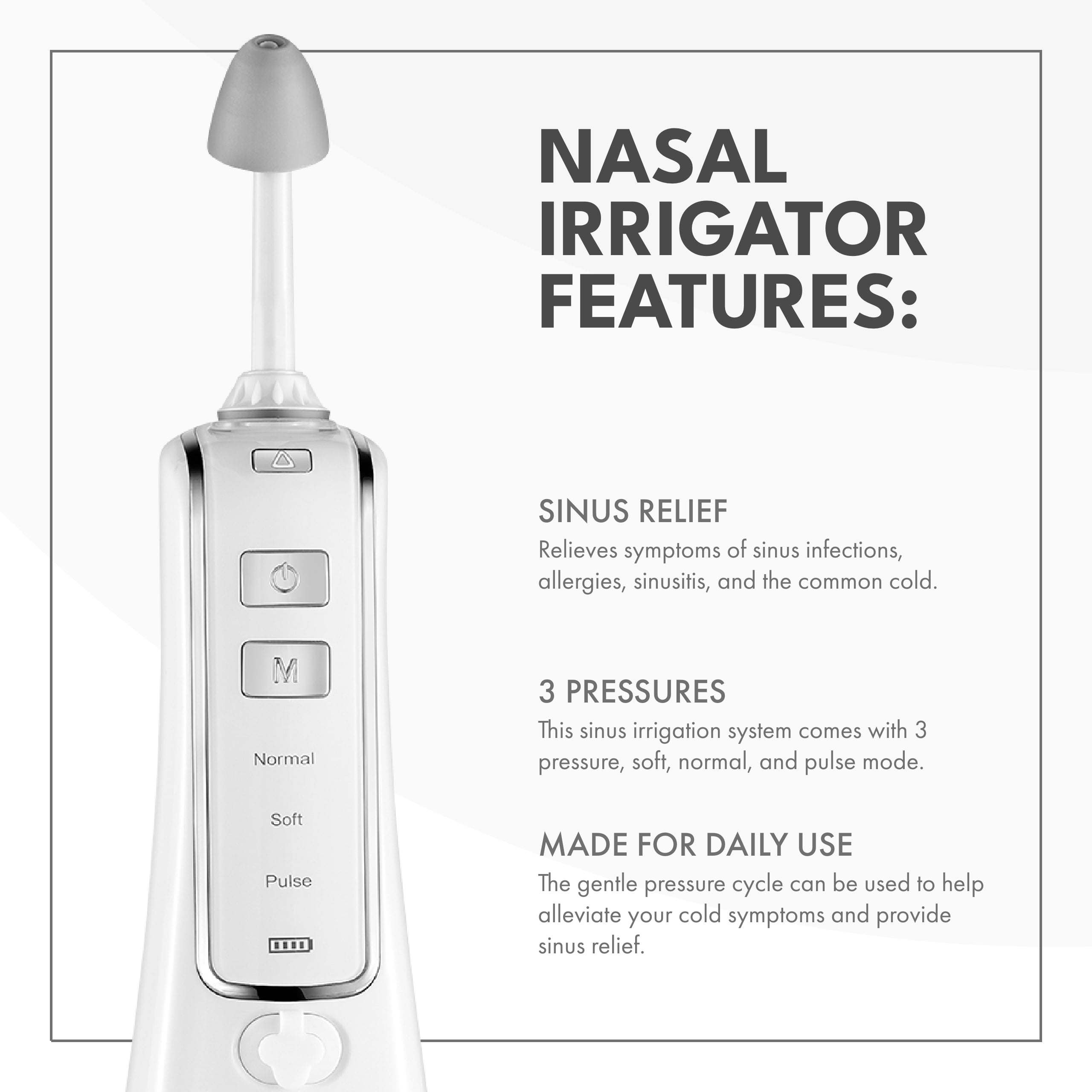 ToiletTree Products Nasal Irrigator with Bonus 30 Saline Packets, Nose Cleaner Nasal Irrigation System, 3 Pressure Settings