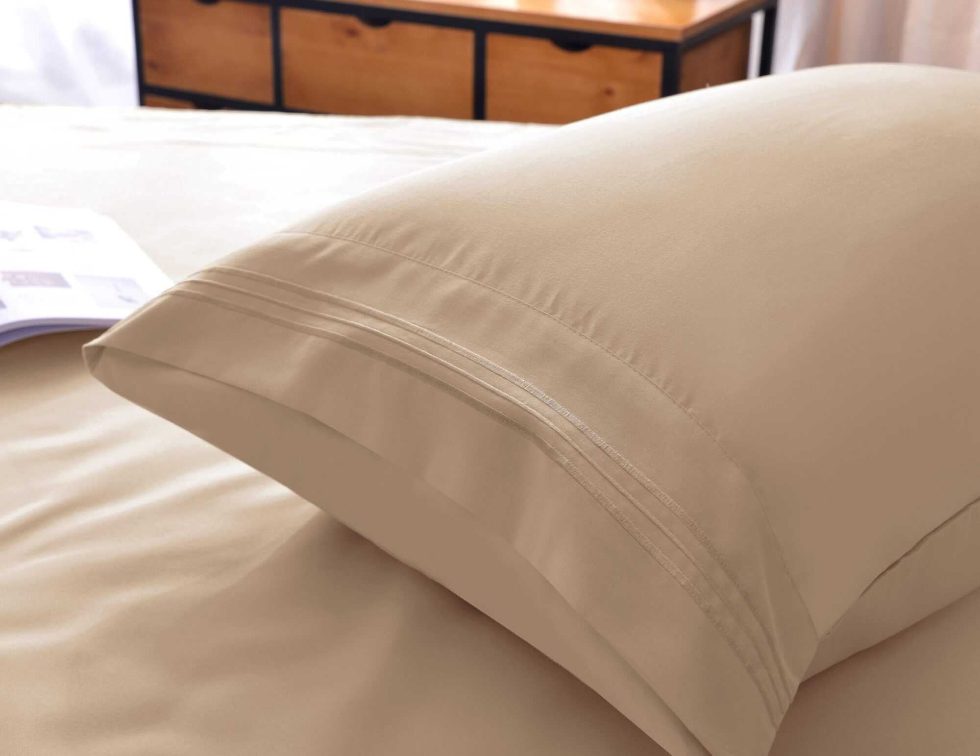 the Season Essentials Wrinkle Free Sheet Sets with Deep Pockets & Stain Resistant, 4 pc, 1800 Thread Count Bamboo Based, Beige, Queen