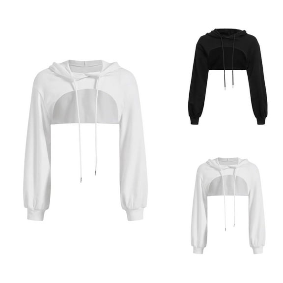 Hoodies for Women Pullover Hoodie Women's Large Size Casual Long Sleeved Solid Color Irregular Personality Navel Ultra Short Long Sleeved Top Hooded Loose Sweatshirt White - M