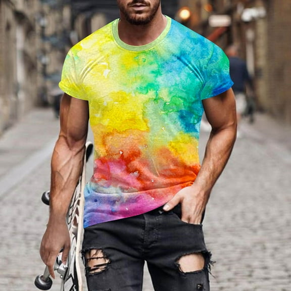 Cllios T-shirts for Men Summer Short Sleeve Tees Regular Fit Crew Neck Tops Moisture Wicking Work Gym Tie Dye Shirts M-4XL