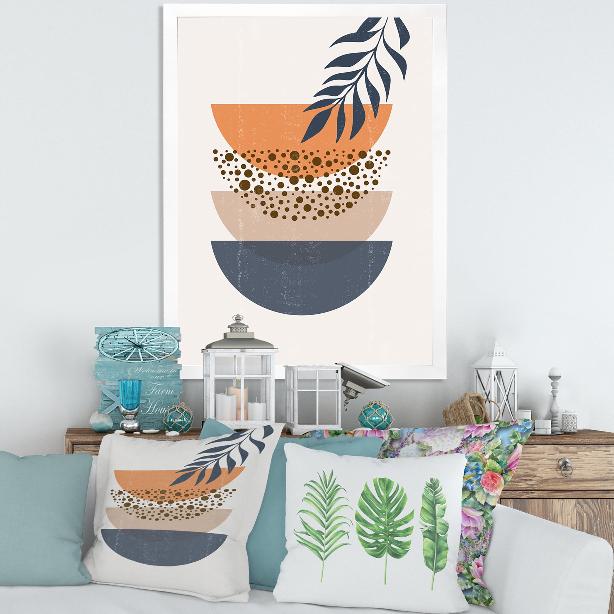 Designart 'Abstract Geometrical Moon and Sun With Leaf IV' Modern Framed Art Print