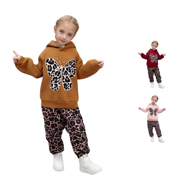 HCYSFG Cheetah Print Outfit Sets For Girls Leopard Print 2 Piece Tops Hooded Long Sleeve Butterfly Sweatshirt Jogger Pants Bottoms