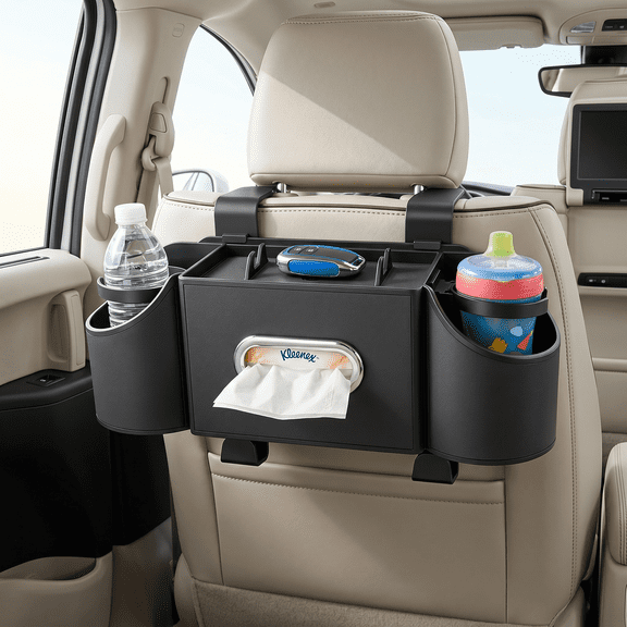 Car Back Seat Organizer with Cup Holders & Tissue Storage Box - Multifunctional Rear Seat Storage for Car Accessories, Black