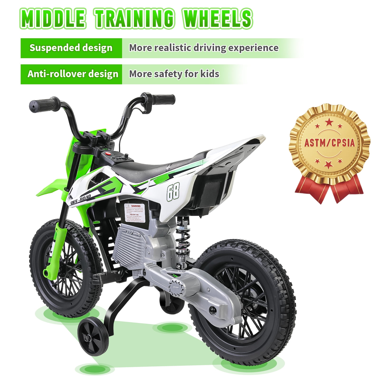 Farmdex 12V Electric Motorcycle for Kids, Electric Dirt Bike with 2 Training Wheels, Ride on Toy with Twist Grip Throttle, Built-in Music, 30W*2 Motors, Green