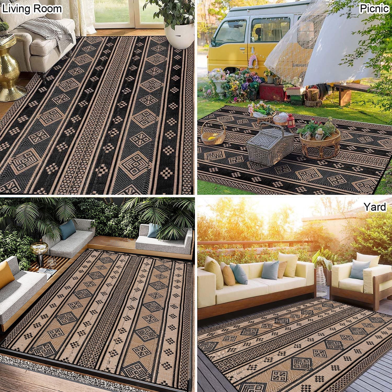 9'x12' Outdoor Rugs, Yamaziot Waterproof Plastic Patio Rug, Reversible Outdoor Mats for RV Camping Picnic Garden Backyard Balcony Porch Beach, Black