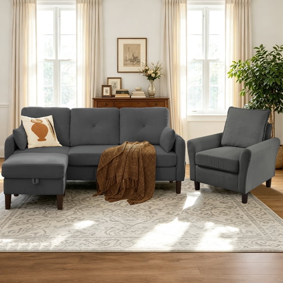 Soscana Corduroy Living Room Furniture Set,Convertible Sectional Sofa with Storage Ottoman & Accent Chair,3 Seat L Shaped Couch with Reversible Chaise & Side Pockets, for Living Room Office Apartment