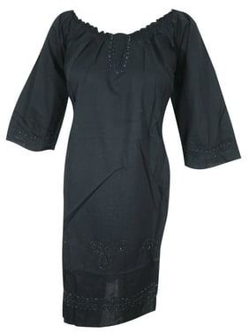 Women Black Tunic Dress, Boho Beaded Cotton Summer Dress, Comfy LOOSE House Tunic Dresses ML