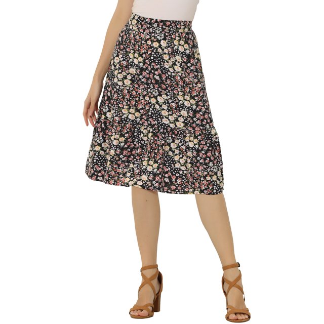 Falda Midi Fluida Con Cintura Elástica Y Volantes Con Estampado Floral Para Mujer Negro Floral M
