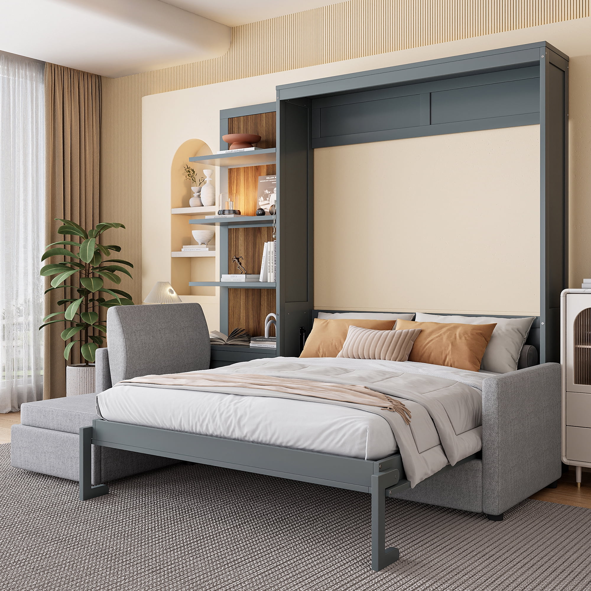 Mintazer Queen Size Murphy Bed with L-Shaped Sectional Sofa & Open Storage Shelves, Foldable Wall Cabinet Bed for Guest Room Home Office Studio Apartment, Gray