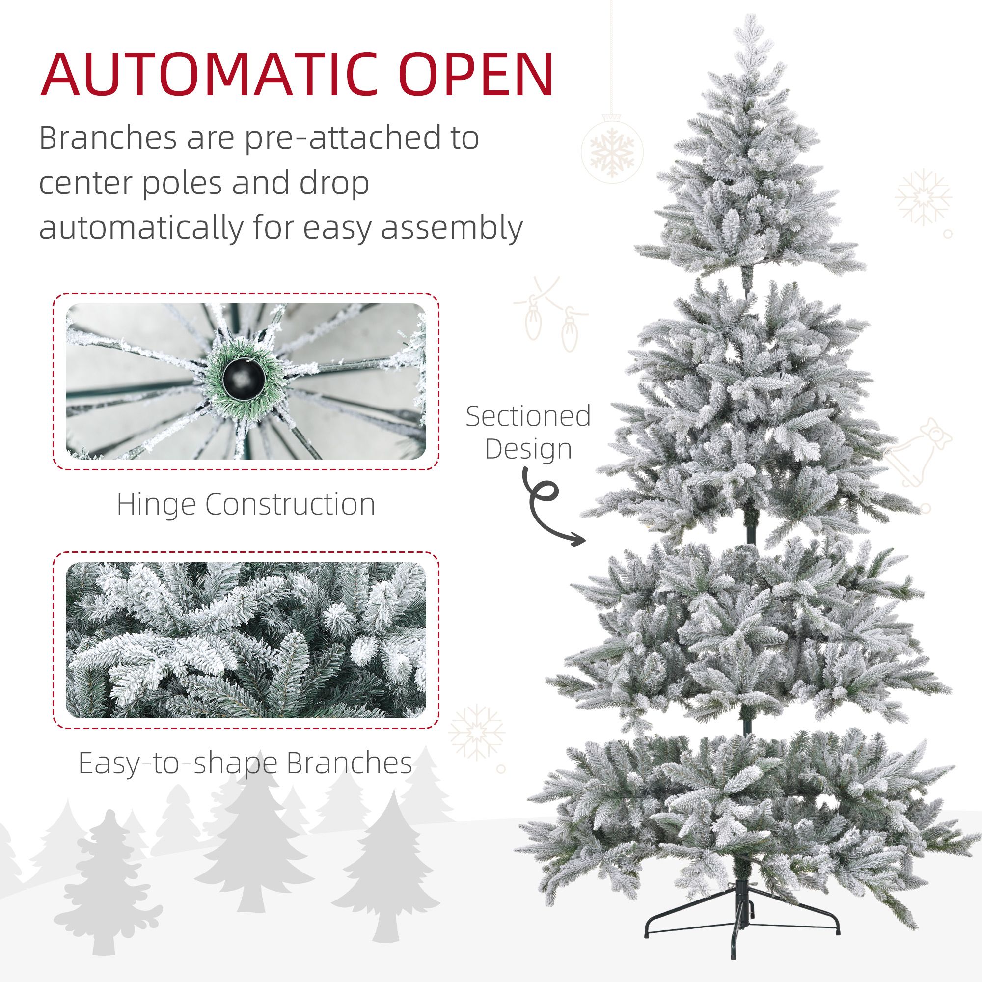 8 ft Snow Flocked Christmas Tree with 2003 Tips, Hinged Easy Assembly, Flame Retardant, Indoor Holiday Decor