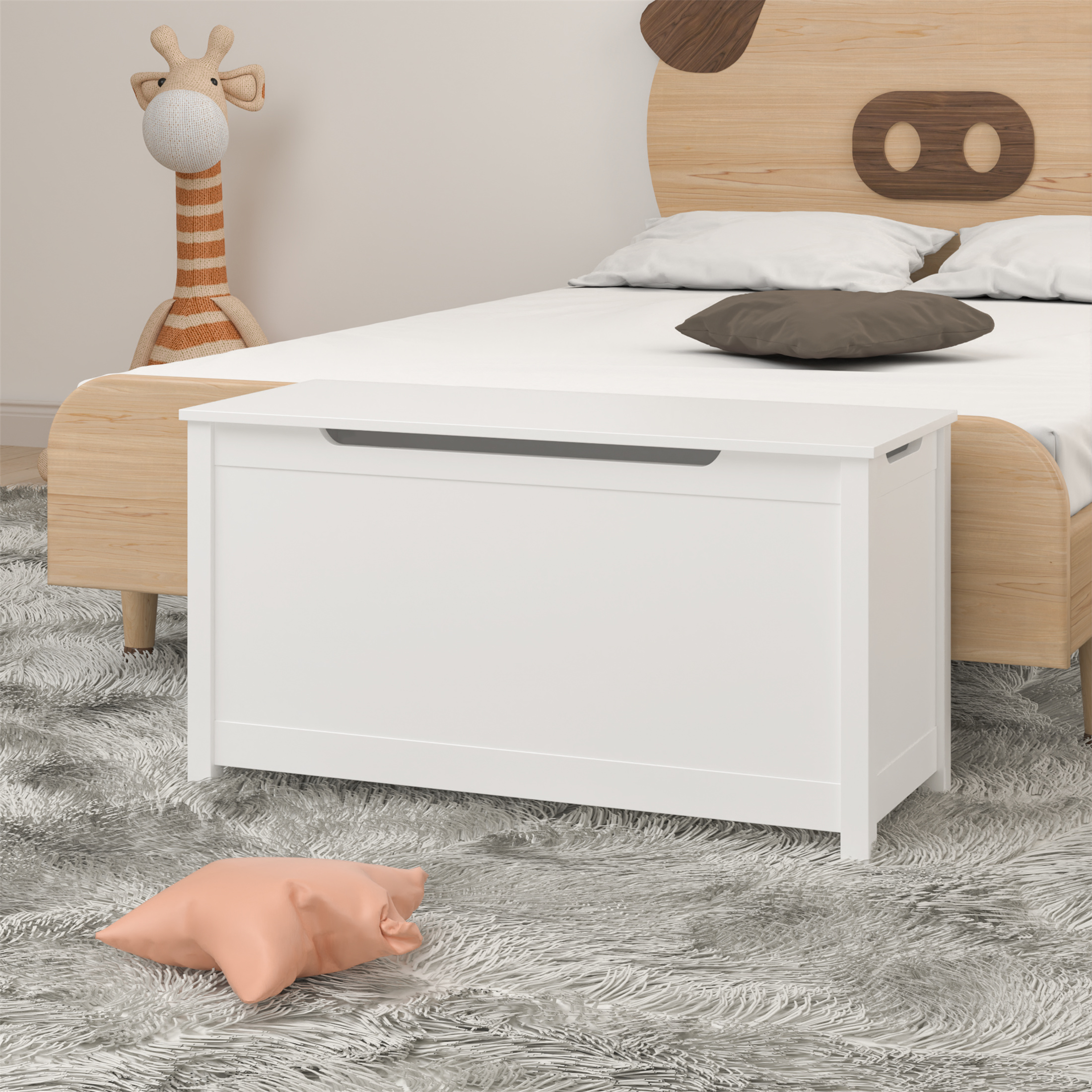 White Kids Toy Box Storage with Safety Hinged Lid, Multi-Use Wooden Storage Bench for Toys, Books, and Clothes, for Ages 2 and Up