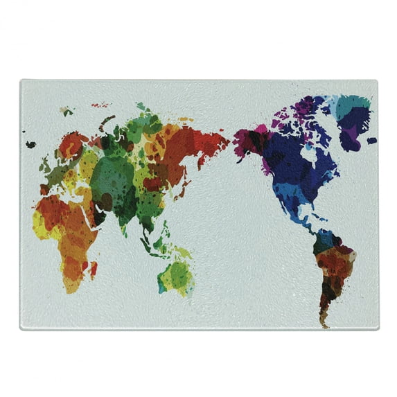 Colorful Cutting Board, Rainbow Colored Wold Map Grunge Style Abstract Global Universal Peace Inspired Art, Decorative Tempered Glass Cutting and Serving Board, Small Size, Multicolor, by Ambesonne