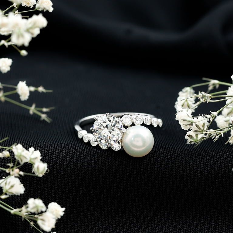 Rosec Jewels Genuine Pearl Moissanite Toi Et Moi Engagement Ring