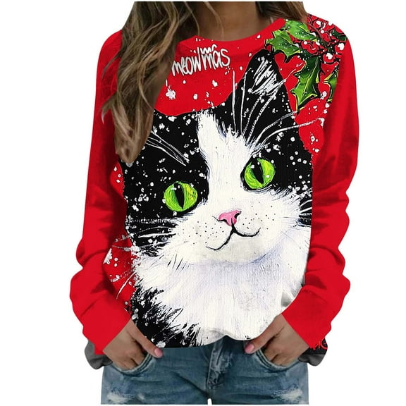 Womens Ugly Christmas Cat Sweatshirts Fall Casual Xmas Graphic Pullover Tops Crewneck Long Sleeve Oversized Shirt