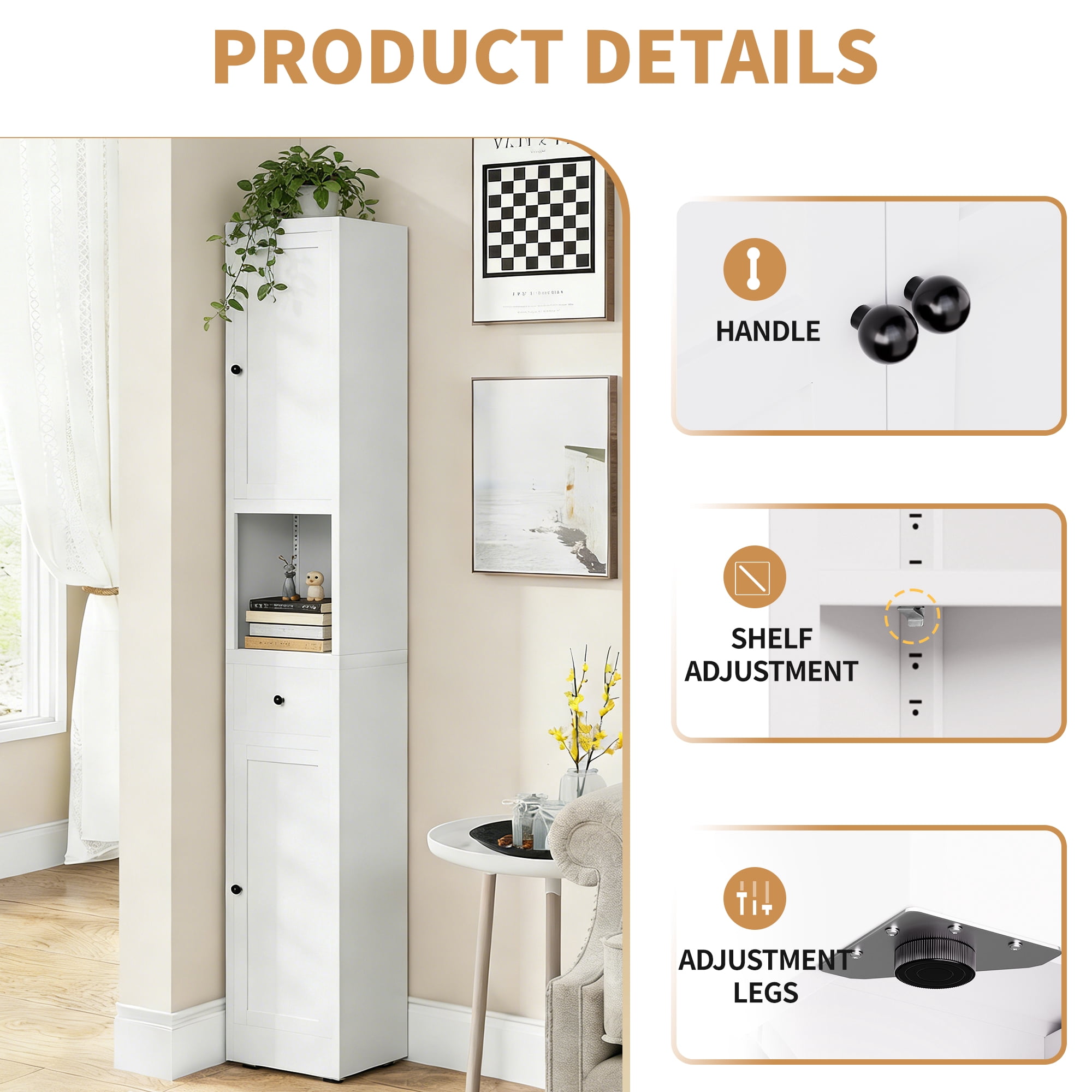 Leumius 71 Inch Tall Bathroom Storage Cabinet,Freestanding 5-Tier Narrow Metal Cabinet with 2 Doors & Adjustable Shelves for Kitchen Living Room Bathroom,White