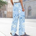 thumbnail image 4 of Mlqidk Womens Pants Dressy Loose Fit High Waisted Pant Elastic Drawstring Wide Leg Capri Pants Summer Bohemian Floral Print Trousers with Pockets Light Blue XL, 4 of 5