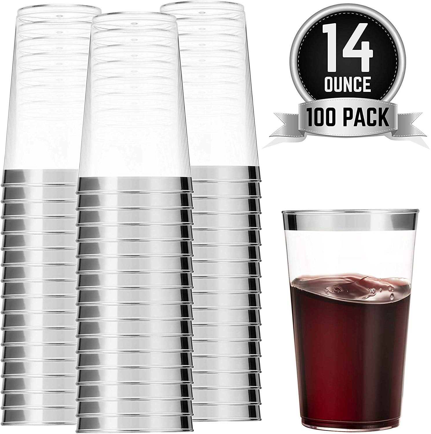 100 Silver Plastic Cups 14 Oz Clear Plastic Cups Tumblers Silver Rimmed ...