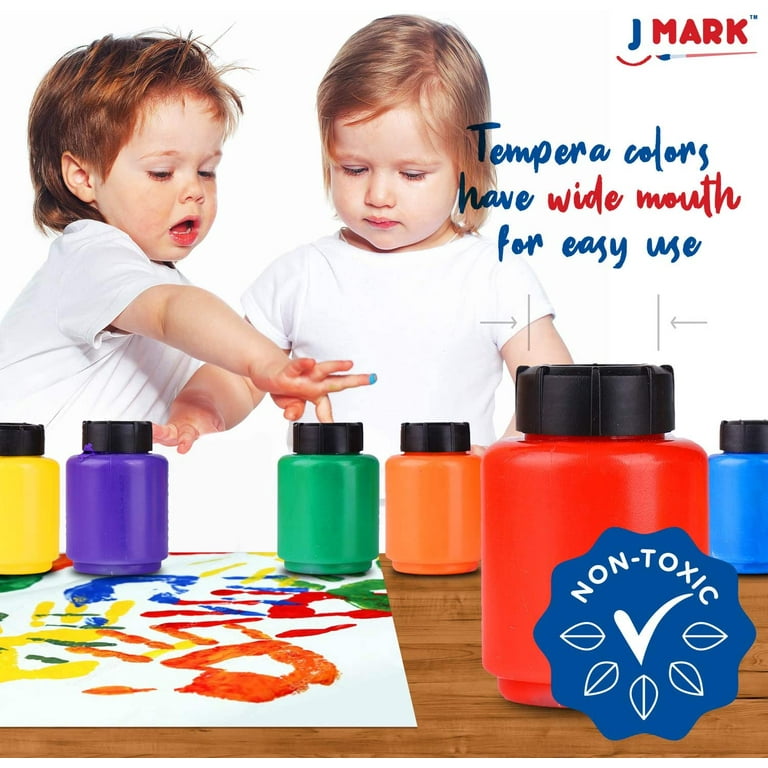 J Mark Washable Finger Paint Set for Kids 8-Piece Set with 50-Sheet Large Paper Pad, 6 Non Toxic Washable Tempera Paints and Art Smock