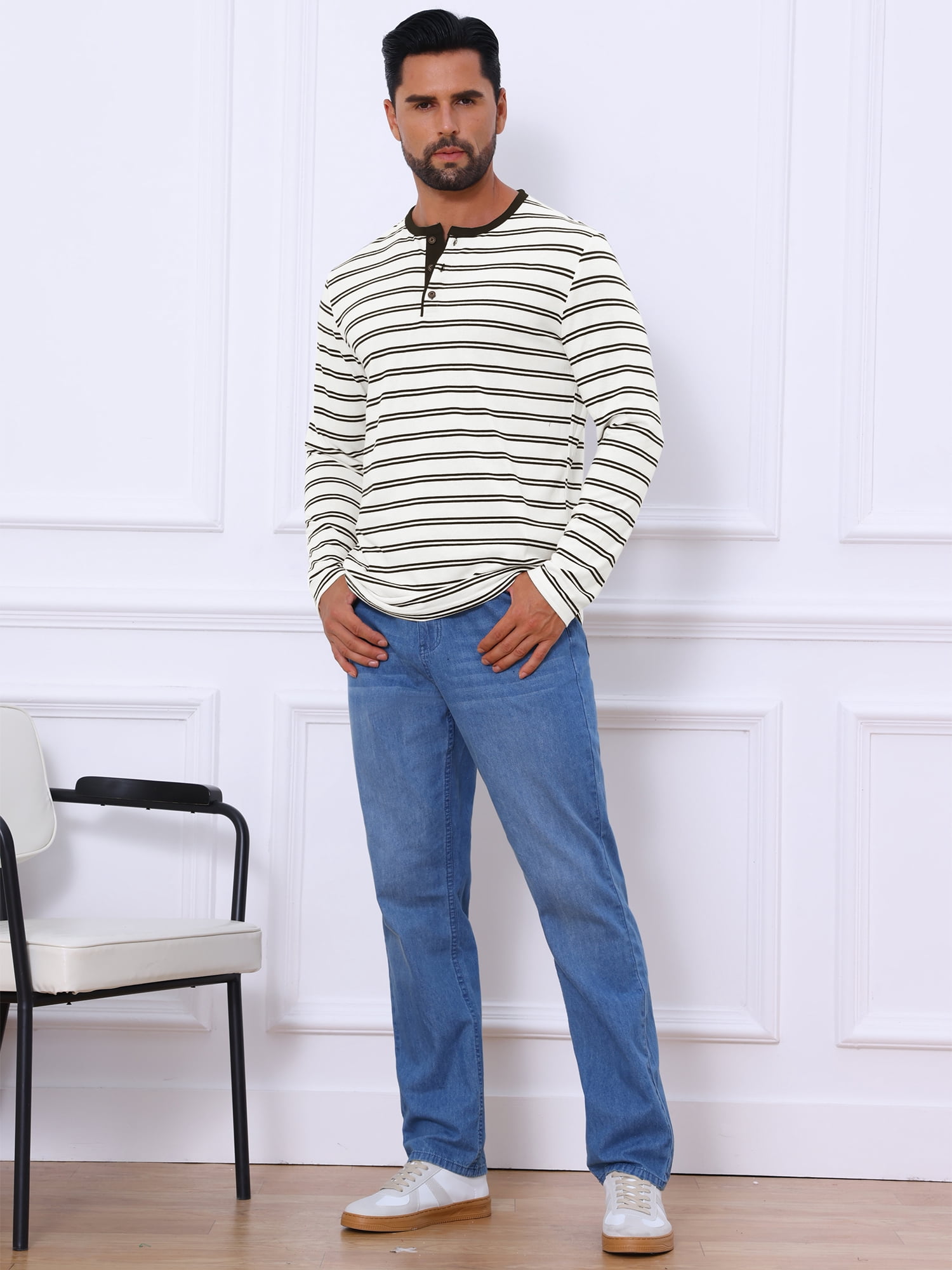 DARING DIVA Men's Long Sleeve Contrasting Colors Striped Henley T-Shirt S White