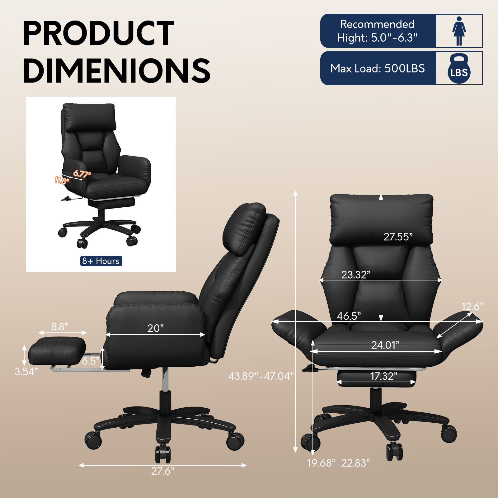 iooHug Criss Cross Office Chair, Big and Tall 500lbs High Back Faux Leather Desk Chair with Footrest, Wide Seat Cross-Legged Reclining Chair with Reversible Armrests and Lumbar Support, Black