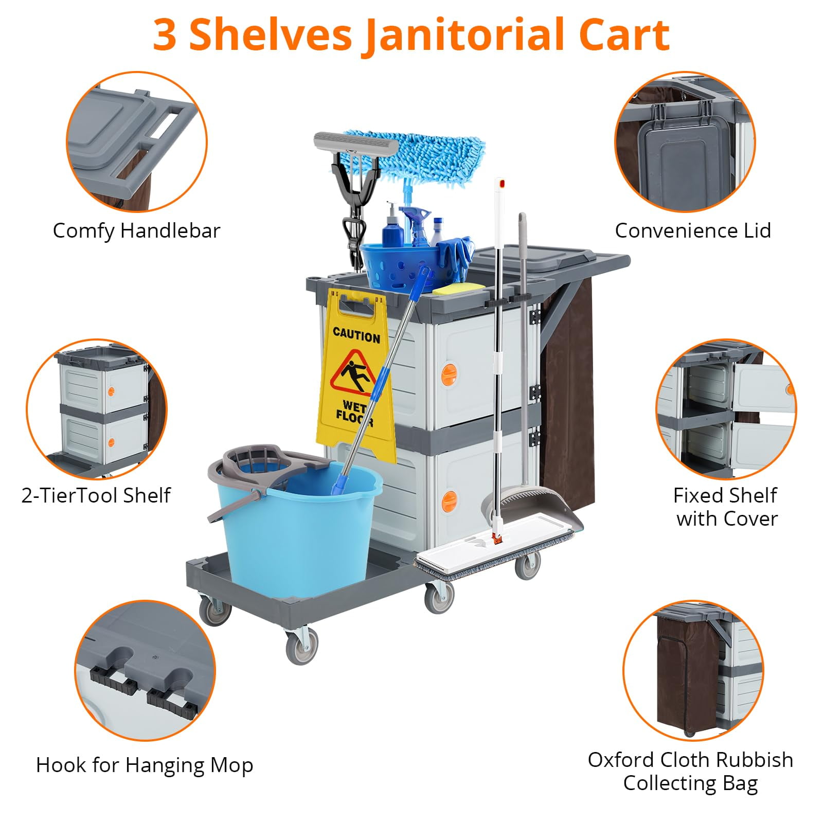 Towallmark Commercial Janitorial Cart with Cabinet, 3-ply Multi-Purpose Engineered Plastic Housekeeping Cart with 30 Gallon Bag Hand Push Utility Cart, 200 lbs Load Capacity