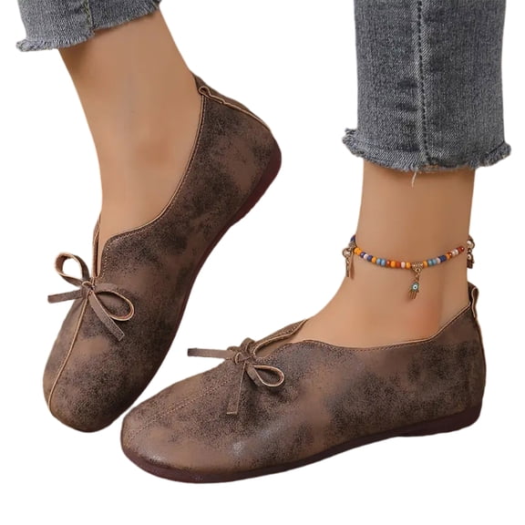 IEMIEMIEM Women's Vintage Distressed Bow Tie Flats Casual Slip On Loafers Comfortable Soft Sole Walking Shoes Brown 8.5 Wide