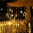 thumbnail image 1 of Cortina de luz solar con forma de luna y estrella LED de 3 m, 8 modos de luz, luces de hadas impermeables para exteriores, decoración para fiestas en el jardín, color blanco cálido, 1 of 8