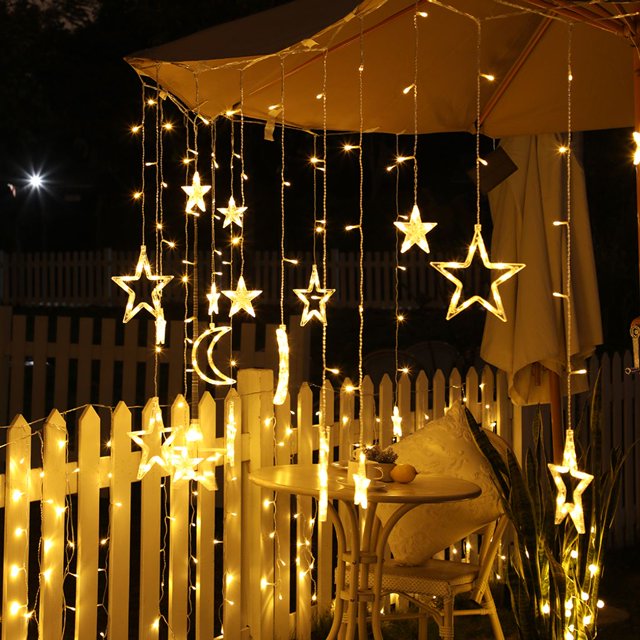 Cortina de luz solar con forma de luna y estrella LED de 3 m, 8 modos de luz, luces de hadas impermeables para exteriores, decoración para fiestas en el jardín, color blanco cálido