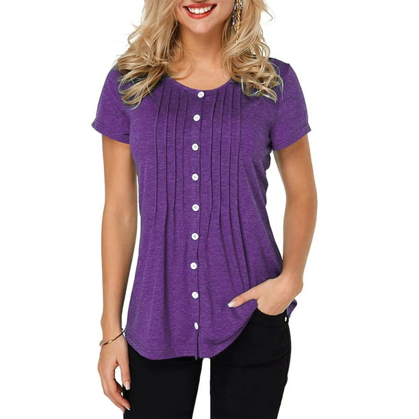 Lumento Lumento Women Short Sleeve Button Down Pleated Tops Shirts