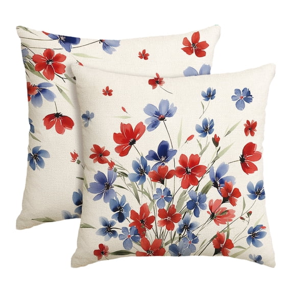 Sm:)e Blue Red Floral Fourth of July Throw Pillow Cover 18x18 Inch Set of 2, Polyester Patriotic Outdoor Pillow Case for Sofa Couch