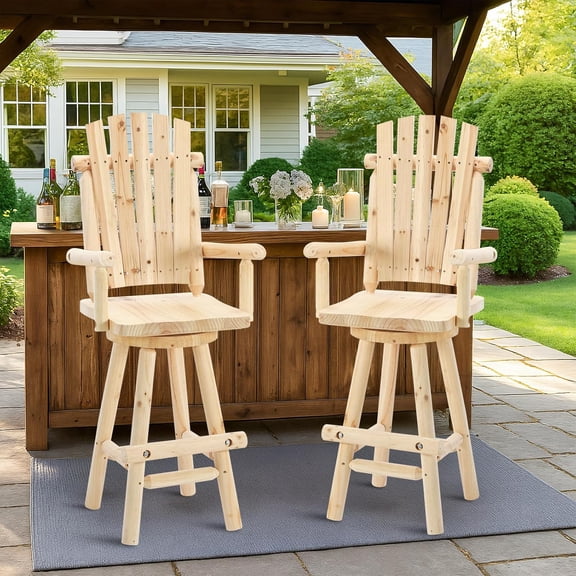 EPICOZY Wood Adirondack Swivel Bar Chairs Set of 2, Rustic Outdoor Solid Log Bar Stools with High Back, 500 LBS Capacity, 29.9" Patio Counter Height Chair for Porch, Deck, Pub, Cabin, Natural