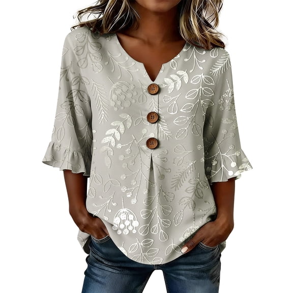 Oversized Tshirts for Women Elegant Blouse | Exquisite Print T Shirt | V Neck Sleeve 3/4 Sleeve Gray Summer Tops for Women