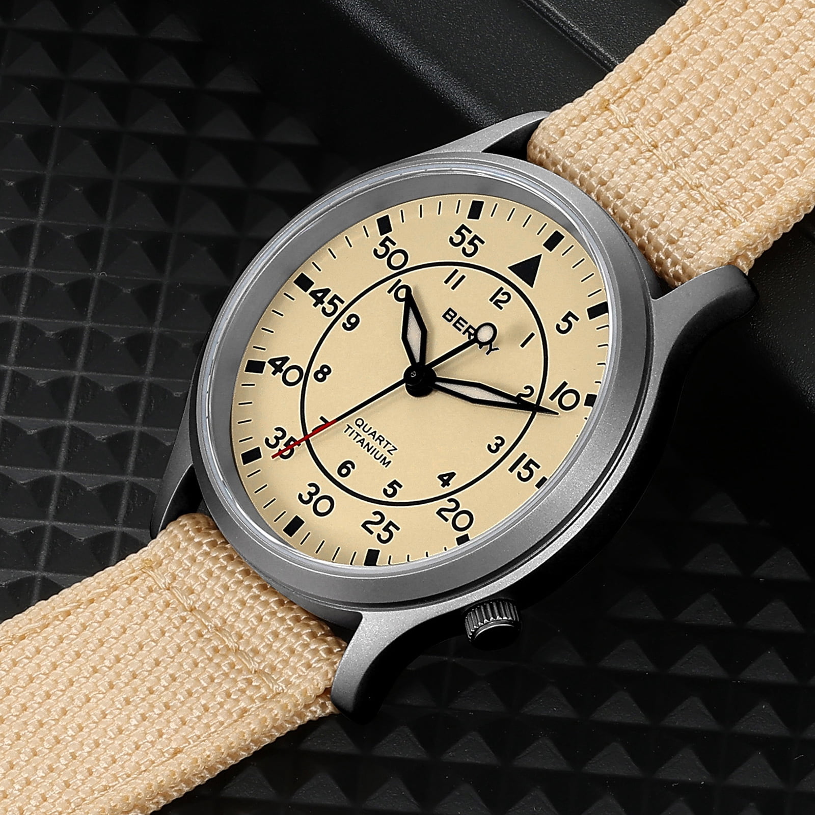 BERNY Titanium Watches for Men, Sport Military Men Watch with Canvas Strap, Japanese Quartz Movement, Super Luminous, Fashion Men's Field Watch, Casual 5ATM Waterproof Army Wristwatch, Beige