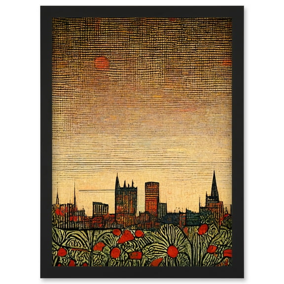 Floral City Skyline Poppies William Morris Artwork Framed Wall Art Print A4