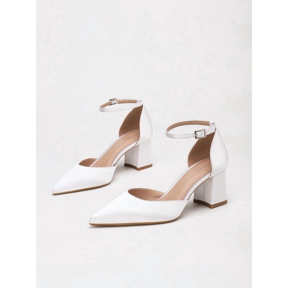 Women's Pointed Toe D'Orsay Adjustable Ankle Strap Block Heel Satin Dress Pumps for Bridal Wedding Party Office Daily Wear