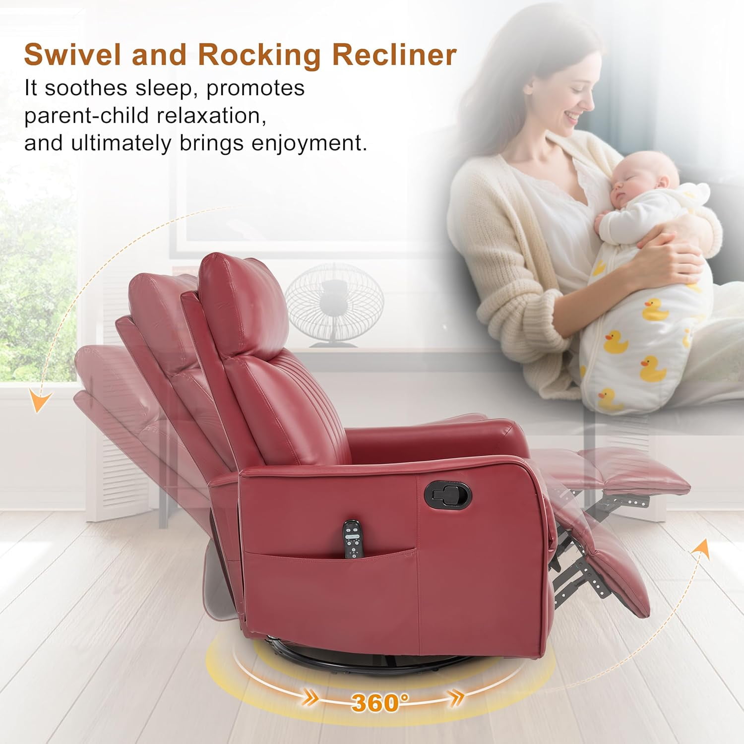 AENKYO Swivel Recliner Chair, Manual Rocking Massage Chair with Heat for Adults, for Living Room,Red Faux Leather