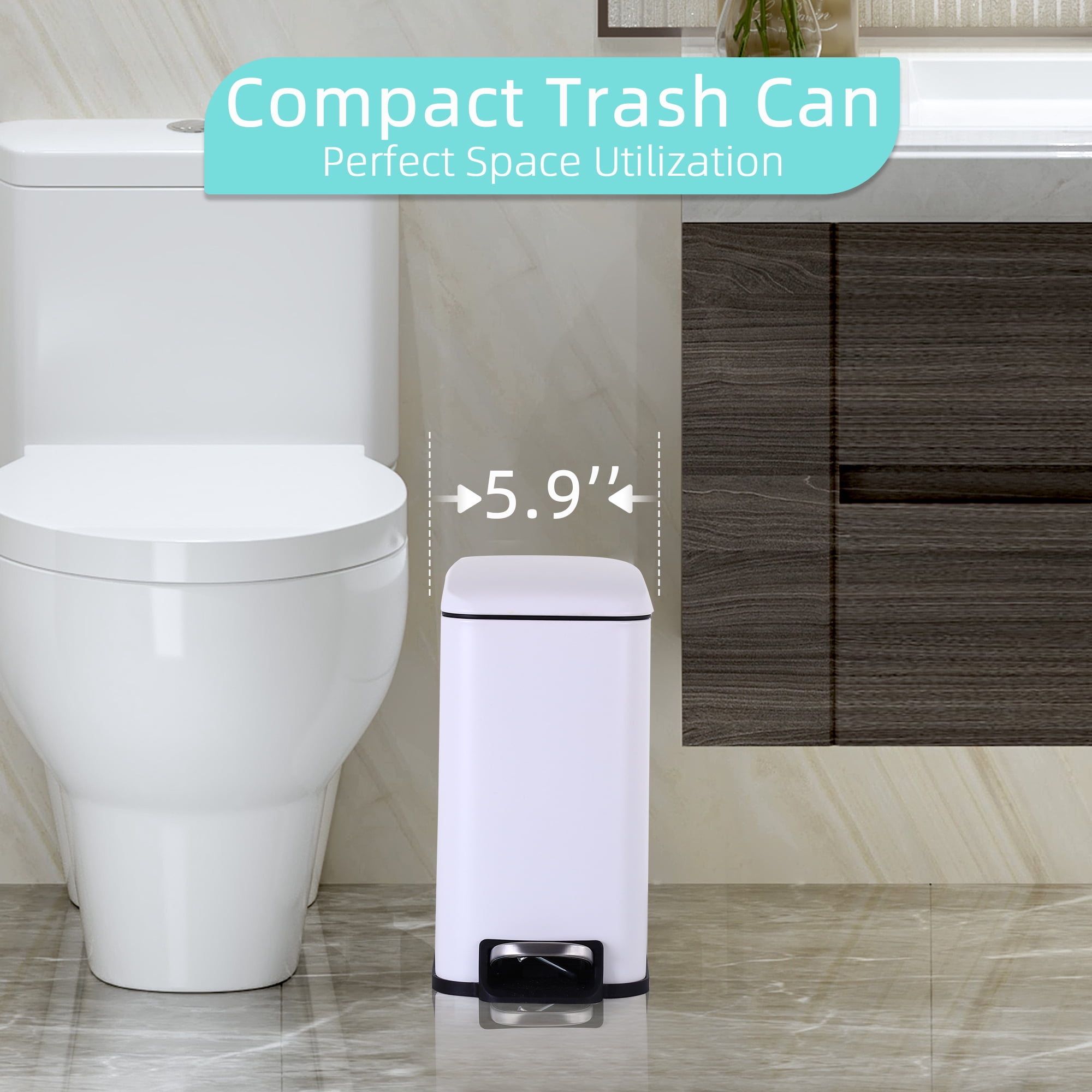 CL.HPAHKL Small Bathroom Trash Can with Soft Close Lid, 1.3 Gallon Stainless Steel Garbage Can with Removable Inner Bucket, Foot Pedal, Mini Trash Bin for Toilet, Home Office (White, 2 Pack)