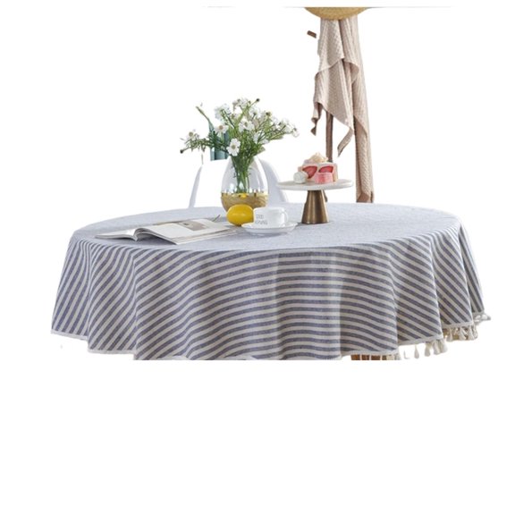 Striped Tassel Round Tablecloth Cotton Linen Wrinkle Resistant Table Cover for Kitchen Dining Home Tabletop Decoration