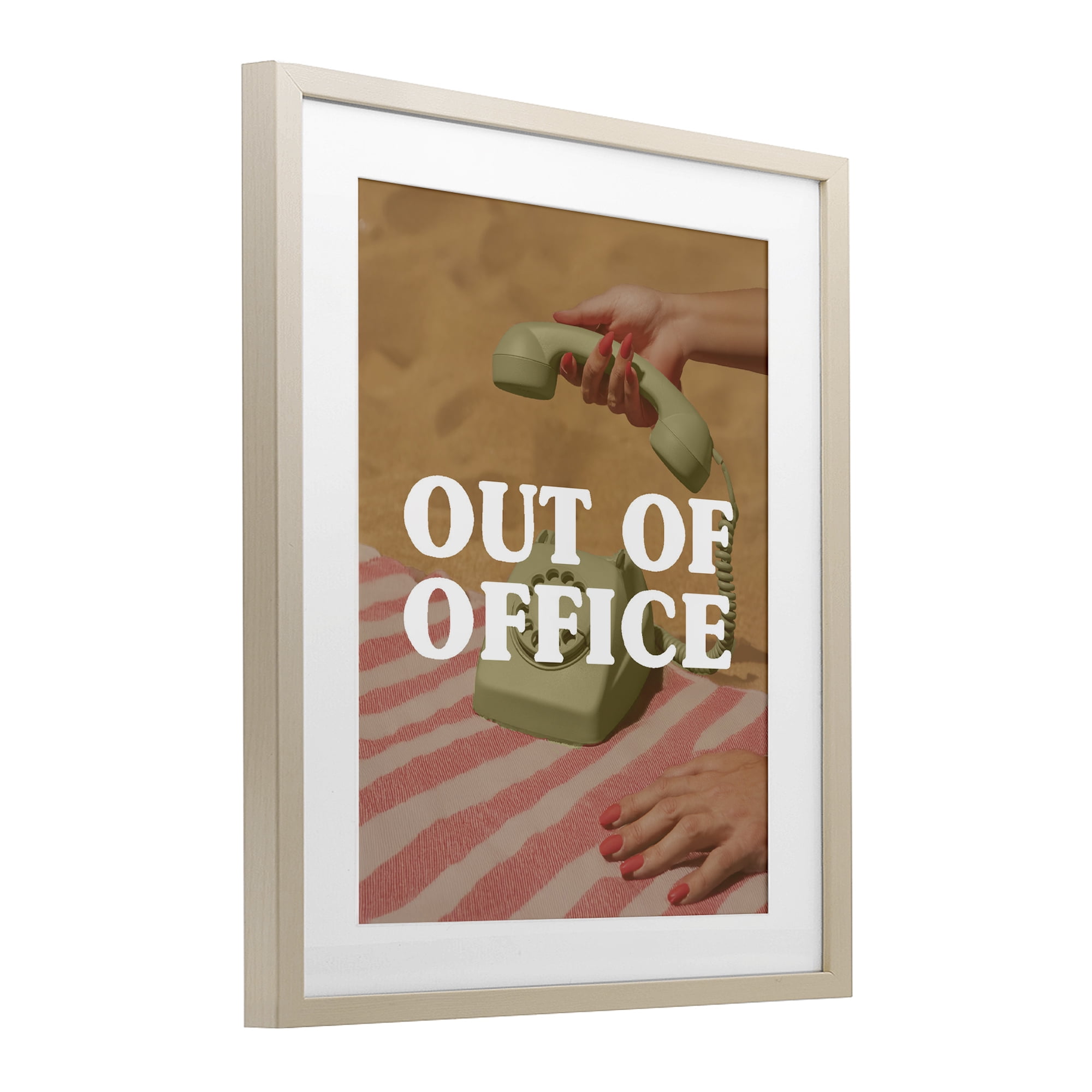 Out of Office Green Phone Birch Framed Print Under Glass, design by Lil' Rue
