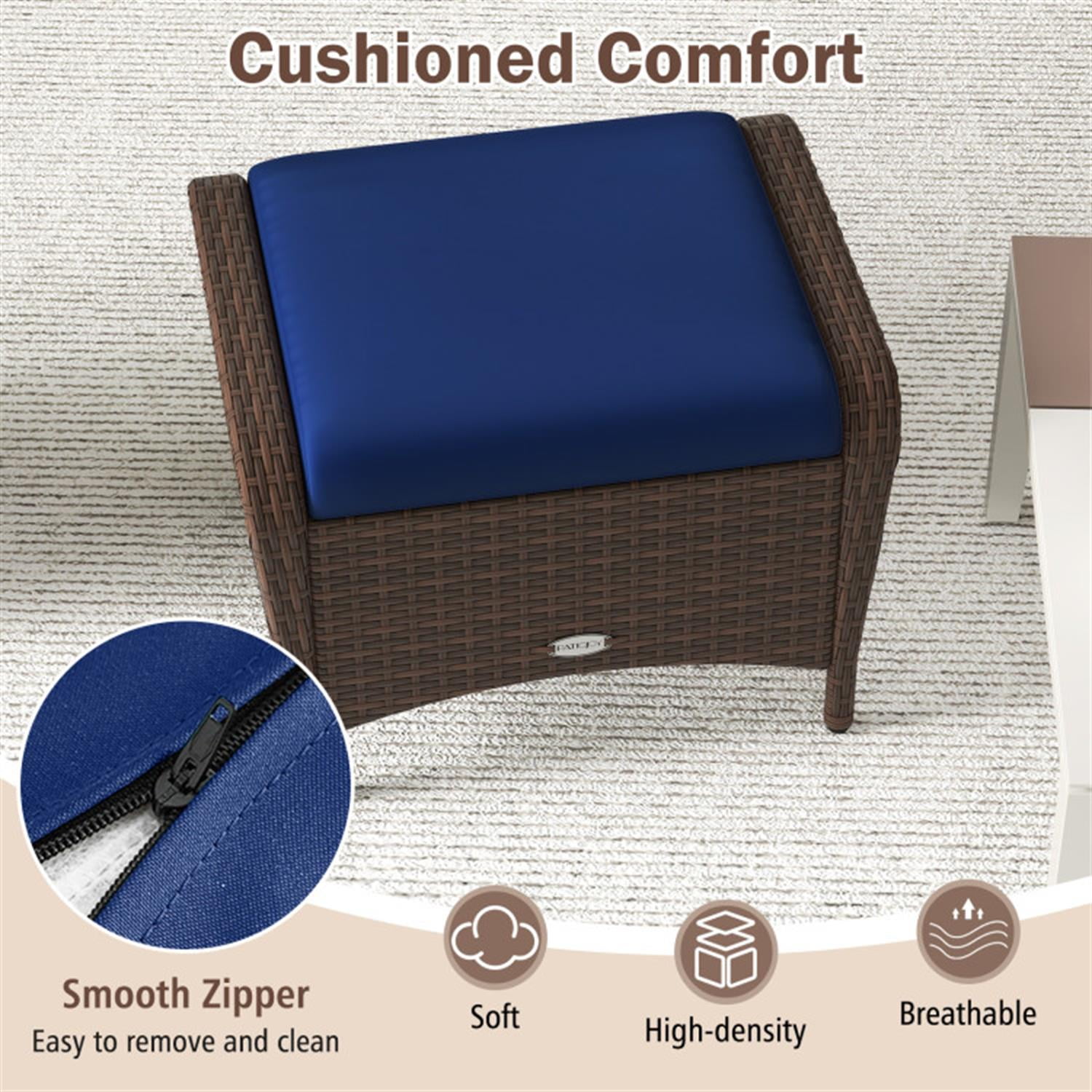 Demi Bonn Set of 2 Outdoor Patio PE Wicker Ottomans with Removable Cushions for Yard, Pool or Backyard, Blue